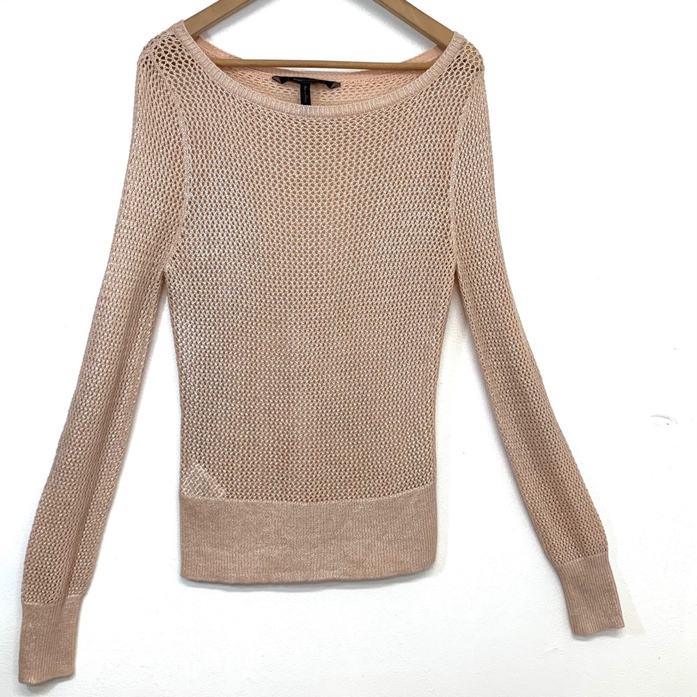 BCBG  Open Knit Metallic Rose Gold Wool Acrylic Sweater Medium Long Sleeve